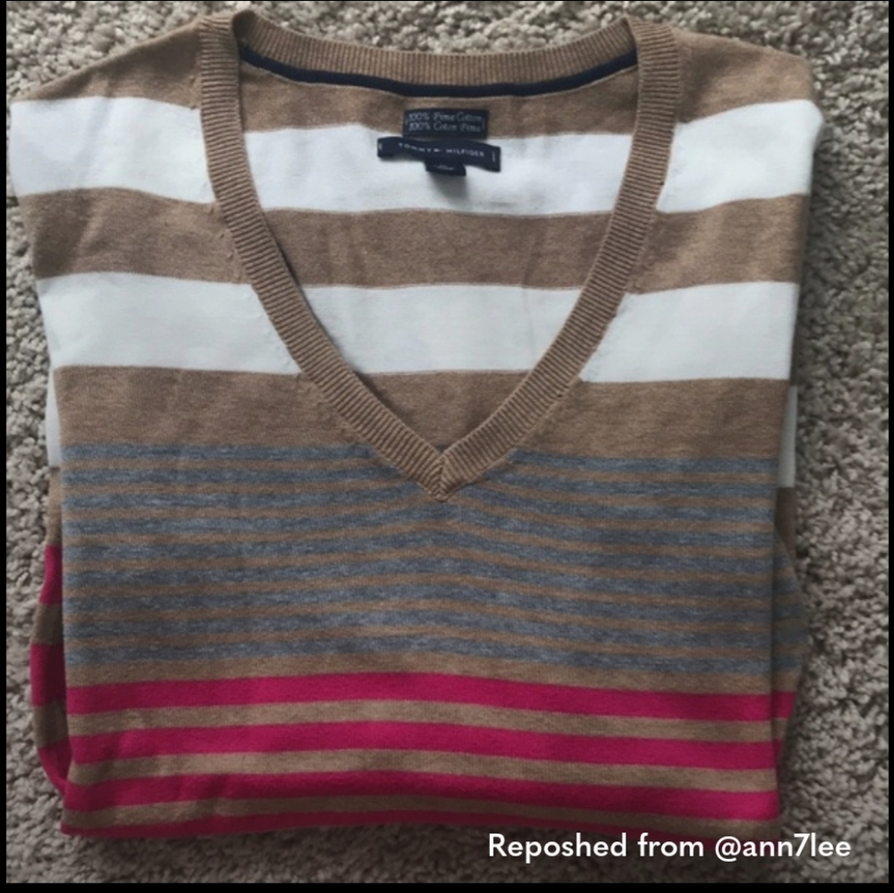 Tommy Hilfiger Brown and Pink V-Neck Sweater - Picture 9 of 9
